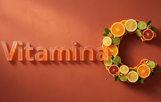 Scritta in rilievo "Vitamina" affiancata da una grande lettera "C" composta da fette di agrumi colorati, arance e limoni, su uno sfondo minimalista color terracotta caldo.