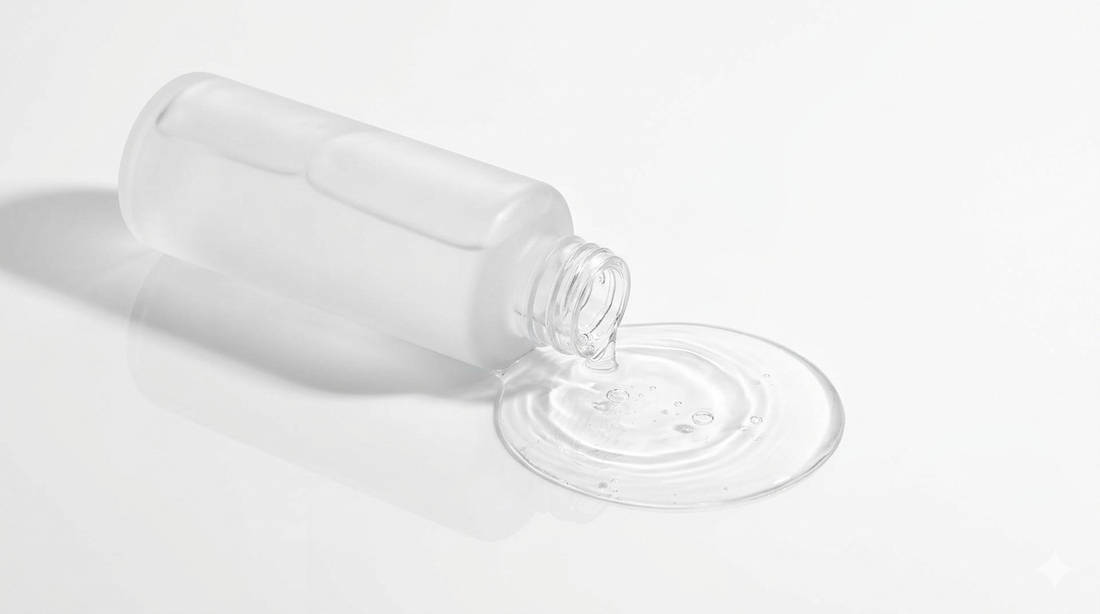 Flacone di tonico viso coreano minimalista su superficie bianca riflettente