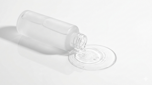Flacone di tonico viso coreano minimalista su superficie bianca riflettente