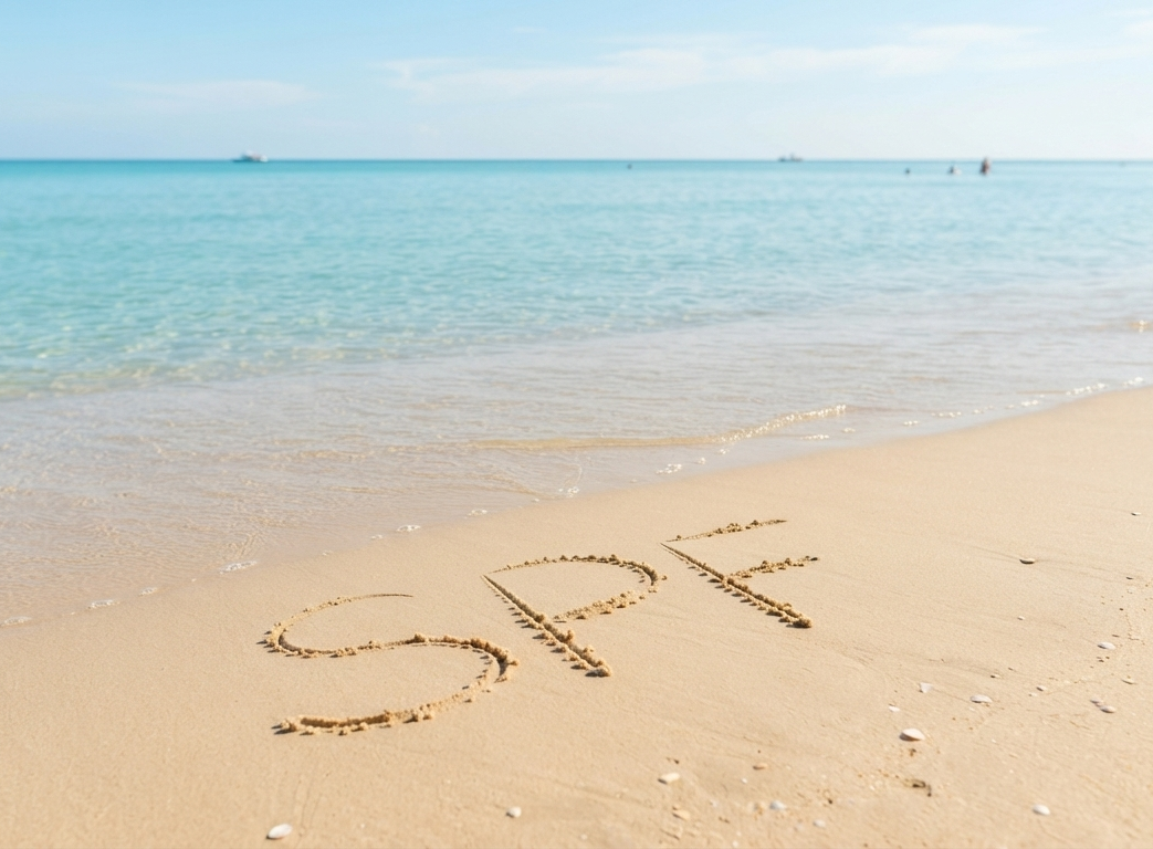 Scritta SPF incisa sulla sabbia dorata di una spiaggia con mare cristallino sullo sfondo, per l'articolo sulle domande frequenti sulla protezione solare