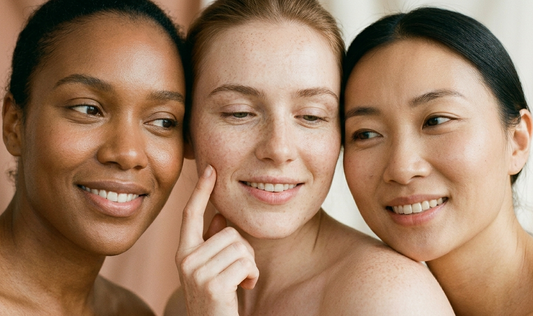 Tre donne sorridono dolcemente mentre una si tocca la guancia, confrontando le diverse texture della pelle