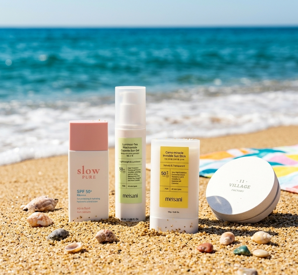 Selezione di nuove protezioni solari K-beauty (Slow Pure, Meisani, Village 11 Factory) esposte sulla sabbia in riva al mare con conchiglie.