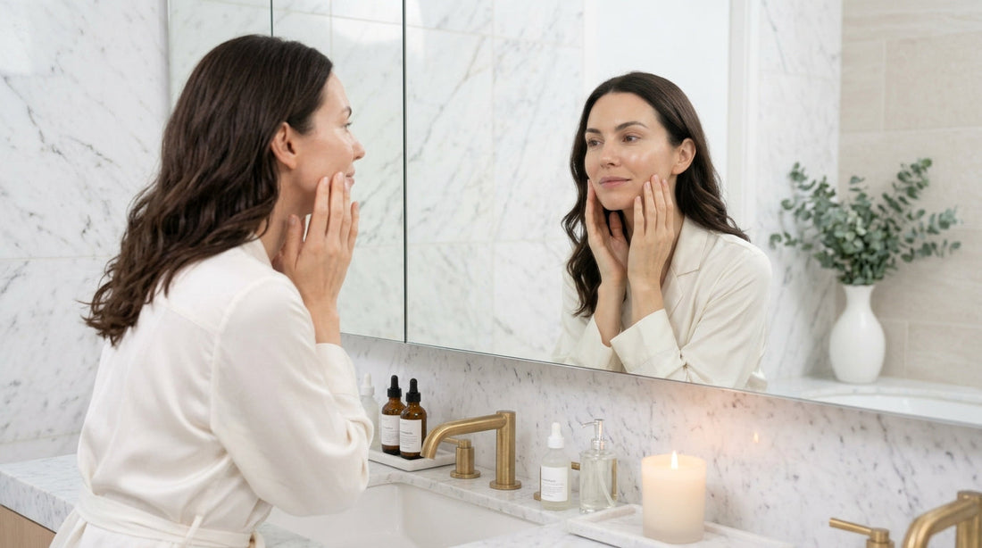 Donna con capelli mori mossi che si sfiora le guance guardandosi allo specchio, in un bagno luminoso con decorazioni in eucalipto e prodotti skincare.