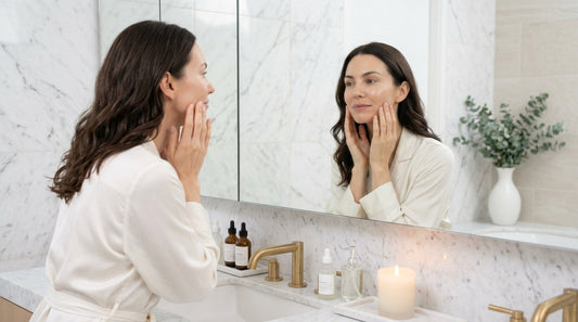 Donna con capelli mori mossi che si sfiora le guance guardandosi allo specchio, in un bagno luminoso con decorazioni in eucalipto e prodotti skincare.