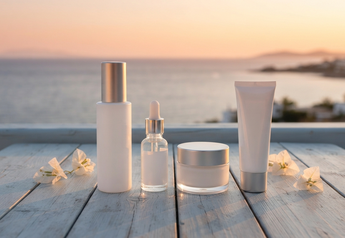 Prodotti essenziali per la beauty routine estiva (flaconi minimalisti) allineati su un tavolo in legno di un balcone con vista sul mare al tramonto, accompagnati da delicati fiori bianchi.